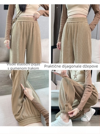 Corduroy harém hlače za žene, podstavljene fleece-om i debelim materijalom, korejski stil jesen-zima, jogger hlače s elastičnim pojasom, cropped