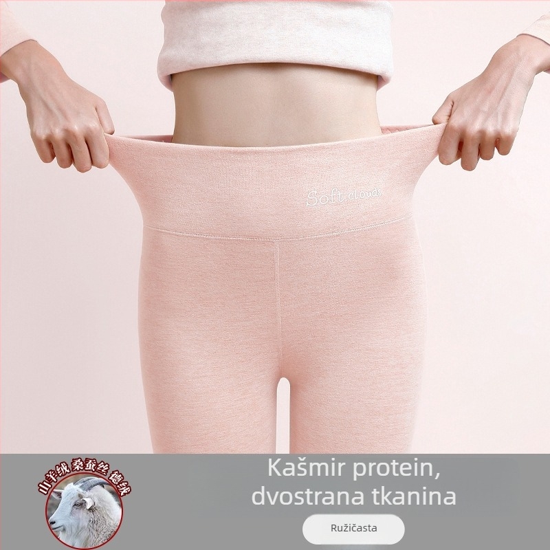 Ženske termo hlače za jesen i zimu od vunene i svilen tkanine, flis podstava, visok pas, dvostruka debljina, toplo
