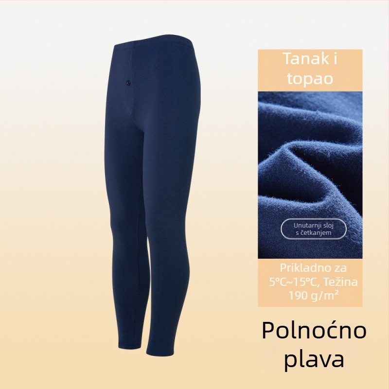 Muške donje hlače za bazni sloj — combed cotton, 95–100% pamuk, srednja debljina 181–200 g/m², antibakterijske, antistatike, zadržavaju toplinu, jednostruke, dužina hlača