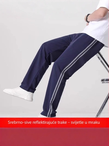 Tamno plave hlače za trening ravnog kroja s dvije trake i reflektirajućim detaljima, unisex studentski stil za jesen-zimu, sivi prugasti školski izgled