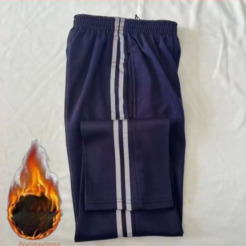 Tamno plave hlače za trening ravnog kroja s dvije trake i reflektirajućim detaljima, unisex studentski stil za jesen-zimu, sivi prugasti školski izgled