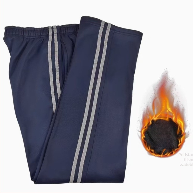 Tamno plave hlače za trening ravnog kroja s dvije trake i reflektirajućim detaljima, unisex studentski stil za jesen-zimu, sivi prugasti školski izgled