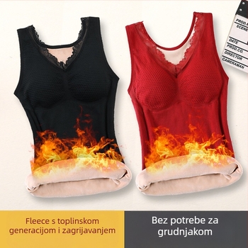 Ženski vuneni termalni prsluk s flís prednjim dijelom, dvostruki sloj, ugrađene grudne jastučiće, V-izrez, pulover