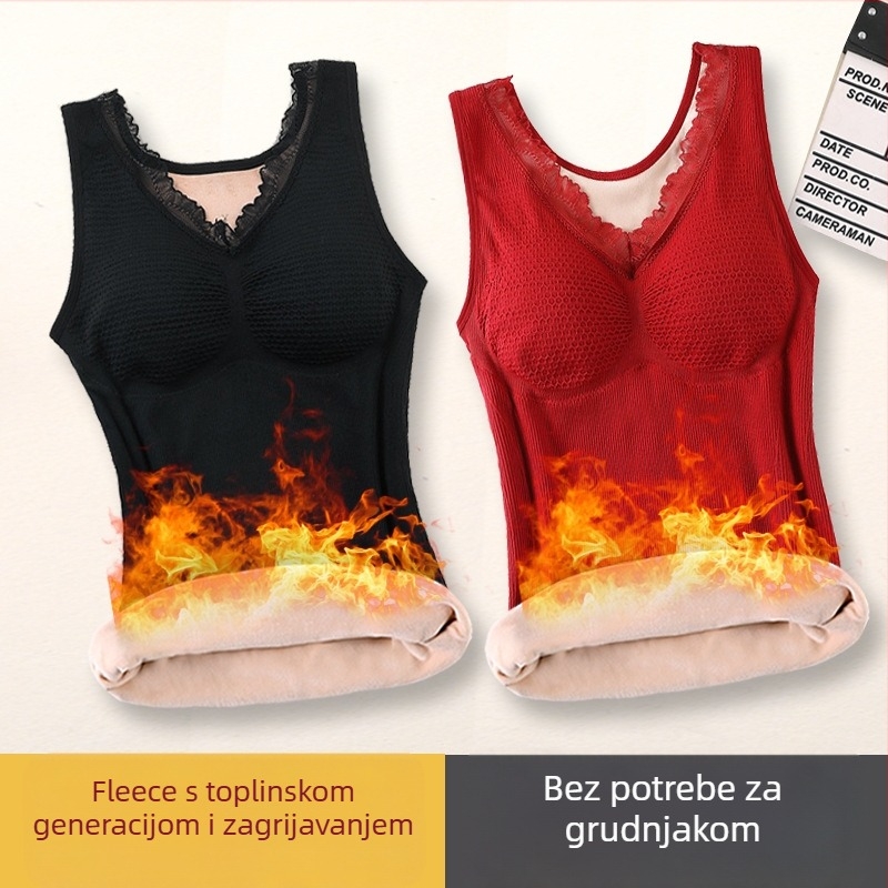 Ženski vuneni termalni prsluk s flís prednjim dijelom, dvostruki sloj, ugrađene grudne jastučiće, V-izrez, pulover