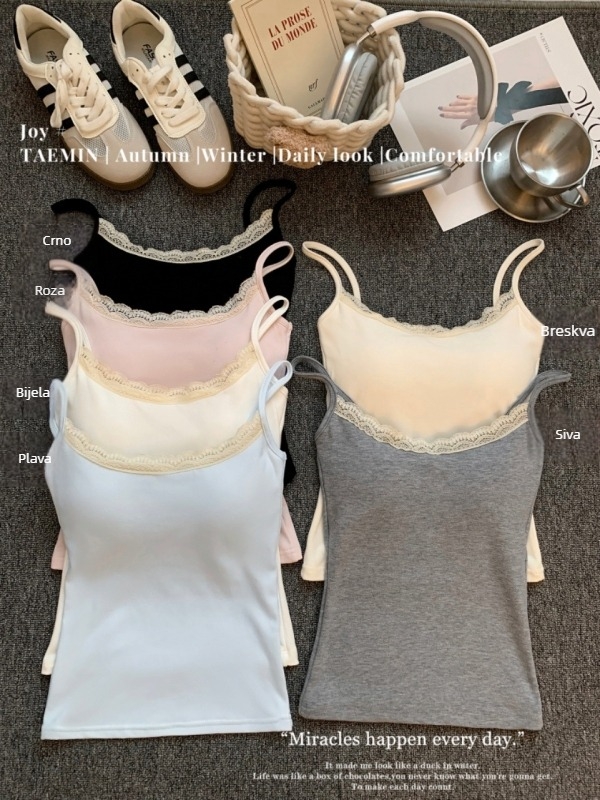 Ženski top za donji sloj s čipkastim detaljem, uski kroj, viskoza 70–80%, Spandex <30%, kratka duljina 40–50 cm