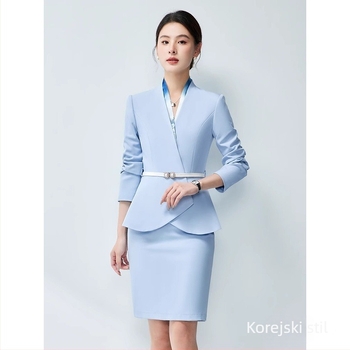 Ženski dvodijelni uredski kostim, jesen 2024, poliester tkanina, 90-95% poliester vlakana, suknja srednje duljine, dugi rukavi