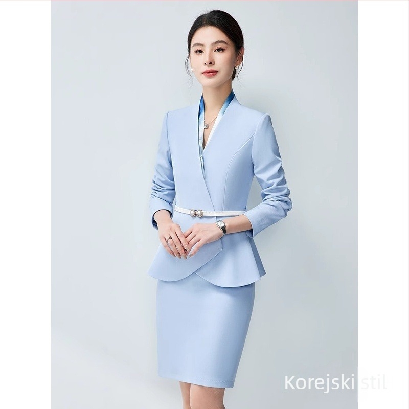 Ženski dvodijelni uredski kostim, jesen 2024, poliester tkanina, 90-95% poliester vlakana, suknja srednje duljine, dugi rukavi