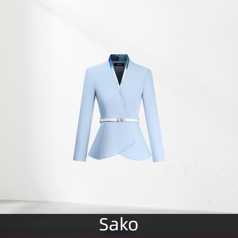 Ženski dvodijelni uredski kostim, jesen 2024, poliester tkanina, 90-95% poliester vlakana, suknja srednje duljine, dugi rukavi