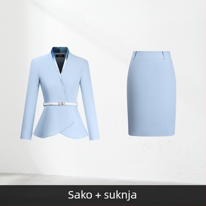 Ženski dvodijelni uredski kostim, jesen 2024, poliester tkanina, 90-95% poliester vlakana, suknja srednje duljine, dugi rukavi