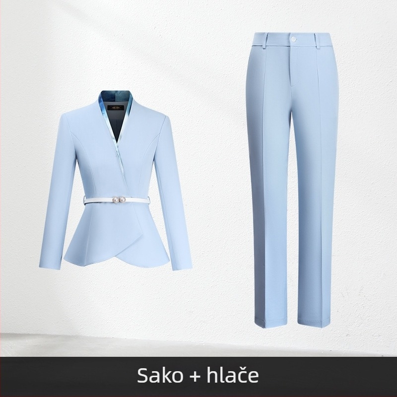 Ženski dvodijelni uredski kostim, jesen 2024, poliester tkanina, 90-95% poliester vlakana, suknja srednje duljine, dugi rukavi