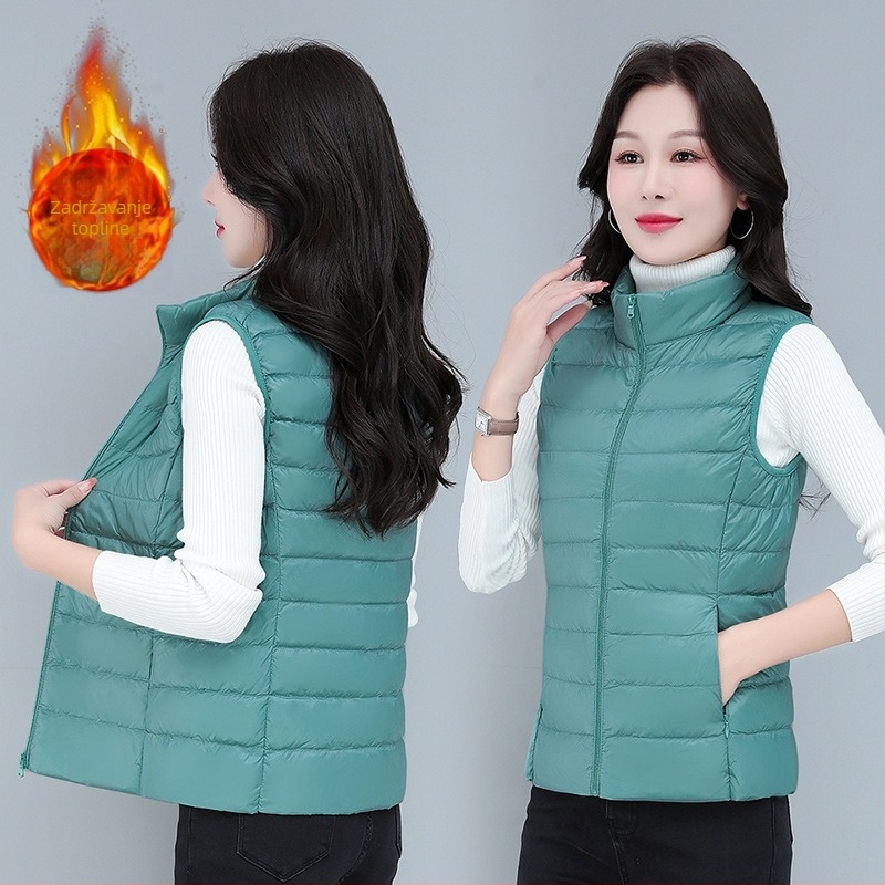 Ženski lagani down vest, kratki model, stojeći ovratnik, vanjski najlon, punilo bijelo patke perje, toplo, 2023 jesen-zima novitet