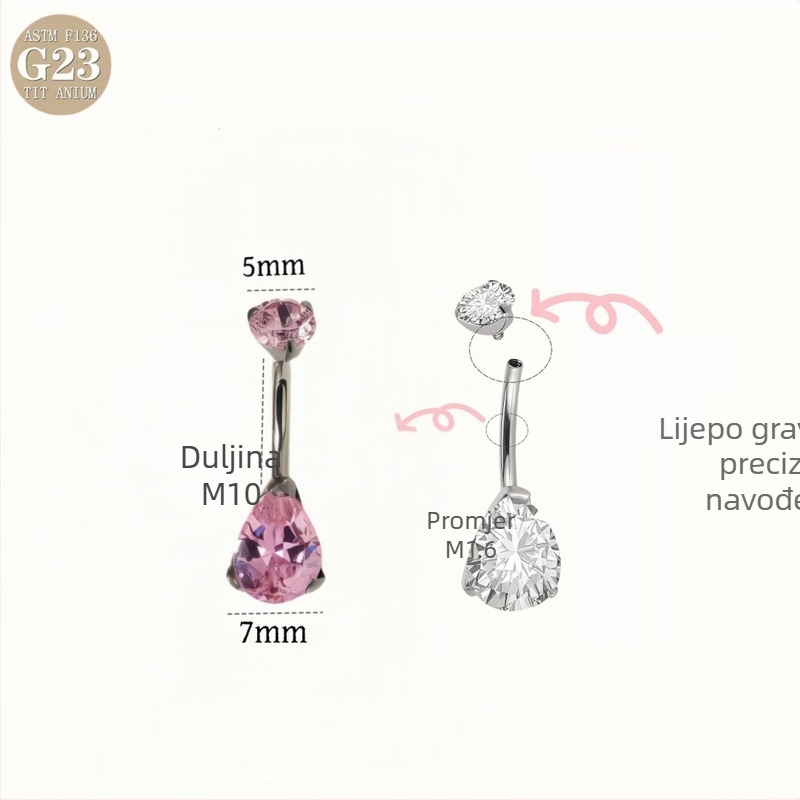 G23 titanijeva zlitina, kapljicastog oblika pupkov piercing s cirkonijem