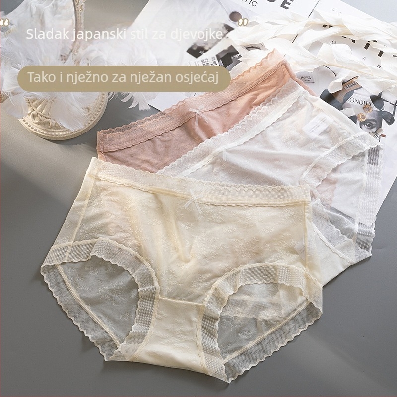 Ženske prozračne čipkaste gaćice sa srednjim strukom, pamuk podstava, jacquard najlonska tkanina