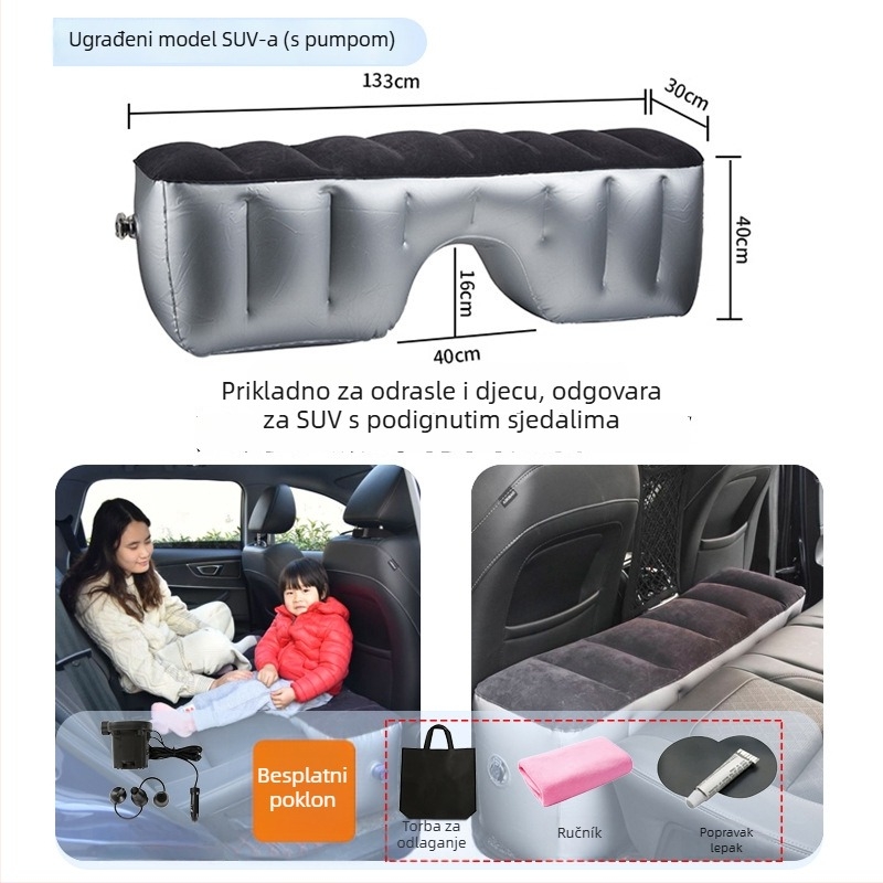 Nafukivani ležaljka za stražnje sjedalo automobila za putovanja - brzo naduvavanje, univerzalna kompatibilnost, PVC s plišanom tkaninom, nosivost 150 kg
