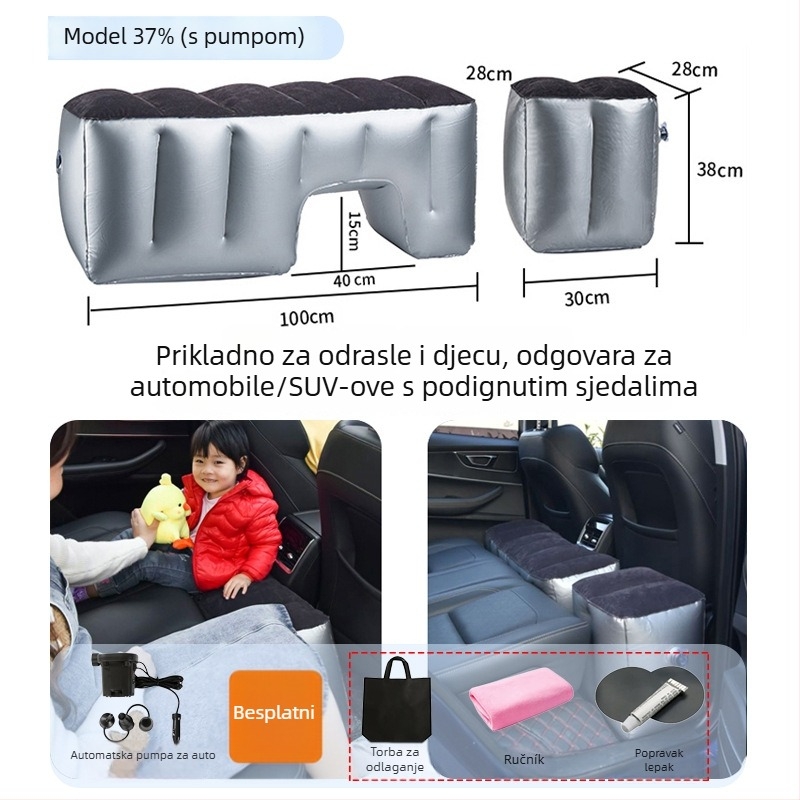 Nafukivani ležaljka za stražnje sjedalo automobila za putovanja - brzo naduvavanje, univerzalna kompatibilnost, PVC s plišanom tkaninom, nosivost 150 kg