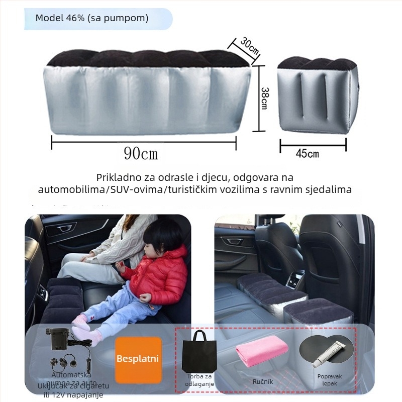 Nafukivani ležaljka za stražnje sjedalo automobila za putovanja - brzo naduvavanje, univerzalna kompatibilnost, PVC s plišanom tkaninom, nosivost 150 kg