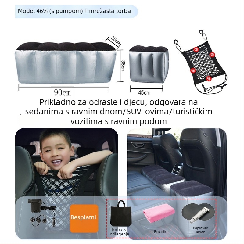 Nafukivani ležaljka za stražnje sjedalo automobila za putovanja - brzo naduvavanje, univerzalna kompatibilnost, PVC s plišanom tkaninom, nosivost 150 kg