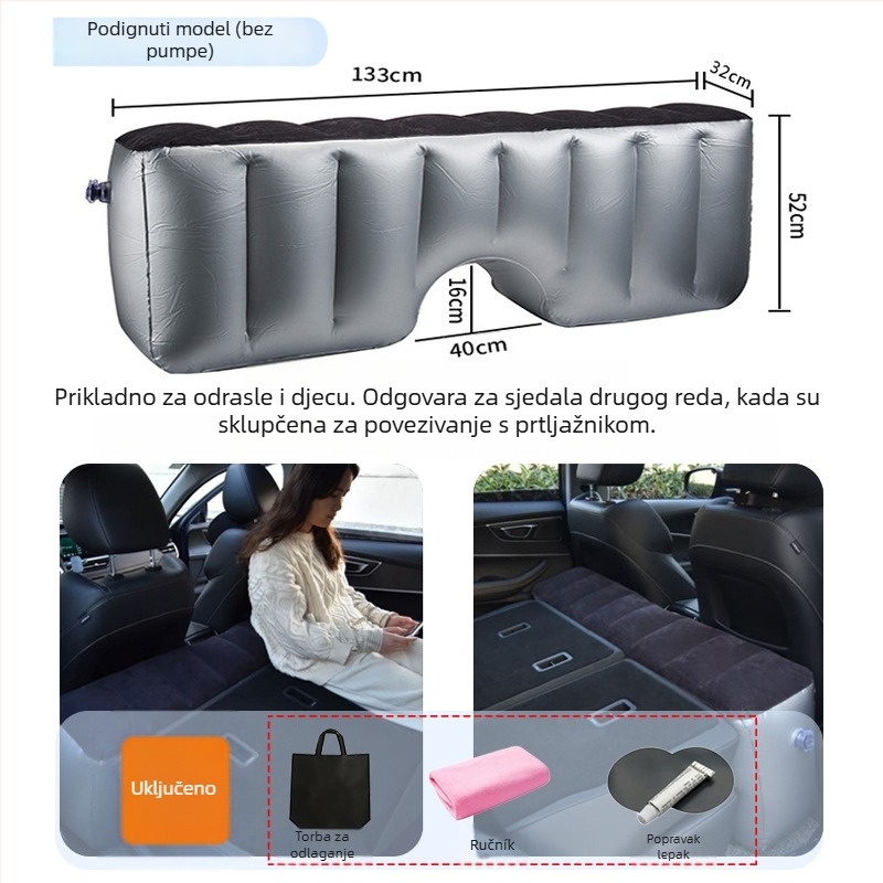 Nafukivani ležaljka za stražnje sjedalo automobila za putovanja - brzo naduvavanje, univerzalna kompatibilnost, PVC s plišanom tkaninom, nosivost 150 kg