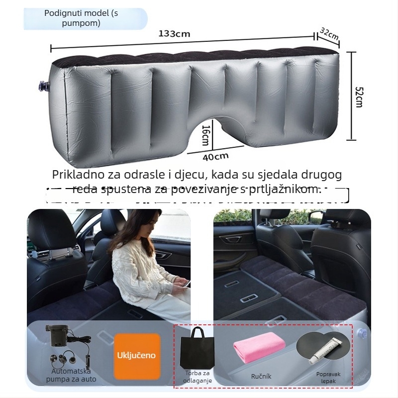 Nafukivani ležaljka za stražnje sjedalo automobila za putovanja - brzo naduvavanje, univerzalna kompatibilnost, PVC s plišanom tkaninom, nosivost 150 kg