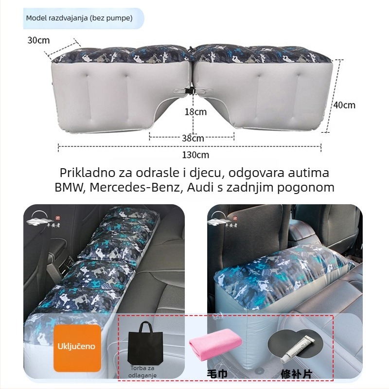 Nafukivani ležaljka za stražnje sjedalo automobila za putovanja - brzo naduvavanje, univerzalna kompatibilnost, PVC s plišanom tkaninom, nosivost 150 kg