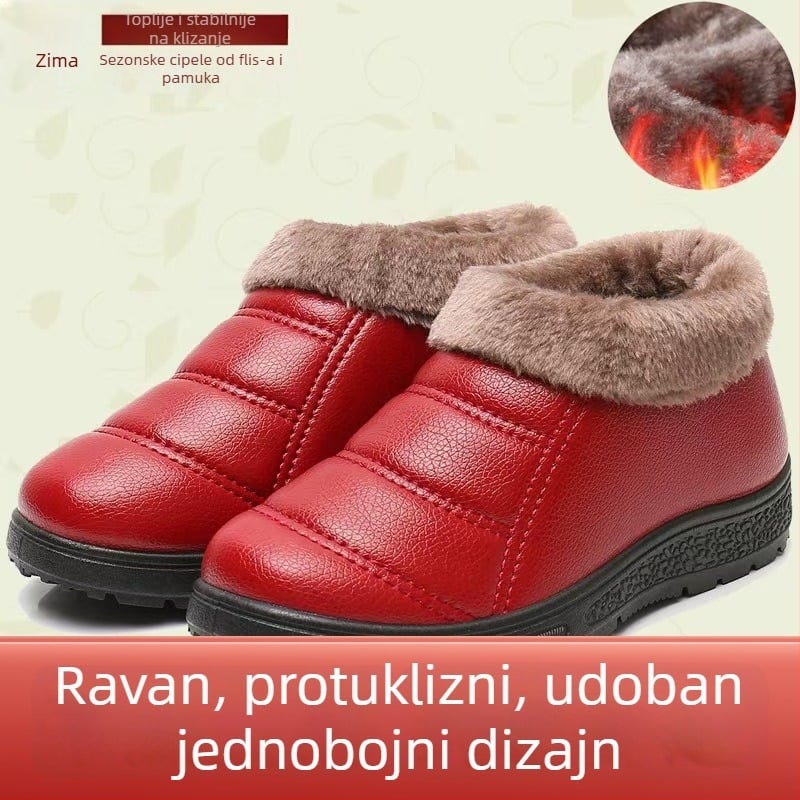 Ženske pamučne zimske cipele - ravni potplat, protuklizne, tople, PU gornji dio vodootporan, unutarnja podstava od umjetnog pliša