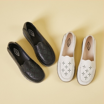 Kožne slip-on ženske cipele za srednju i stariju dobnu skupinu, proljeće, gornji dio od prave kože, potplata od goveđeg tetiva, niski 1–3 cm, ulošci od korejskog pamuka