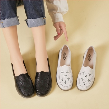 Kožne slip-on ženske cipele za srednju i stariju dobnu skupinu, proljeće, gornji dio od prave kože, potplata od goveđeg tetiva, niski 1–3 cm, ulošci od korejskog pamuka