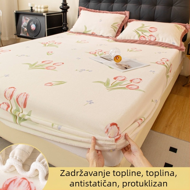 Floralni tisak na mliječno-baršunastoj navlaci za madrac, jedinstvena veličina 1,5 m, trodijelni set za sve sezone