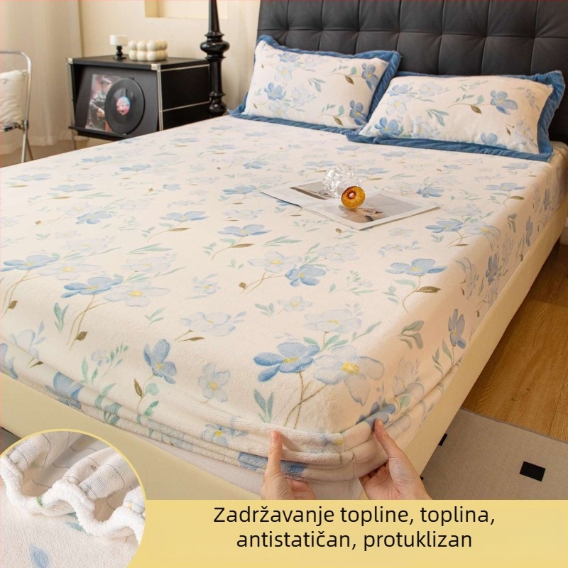 Floralni tisak na mliječno-baršunastoj navlaci za madrac, jedinstvena veličina 1,5 m, trodijelni set za sve sezone