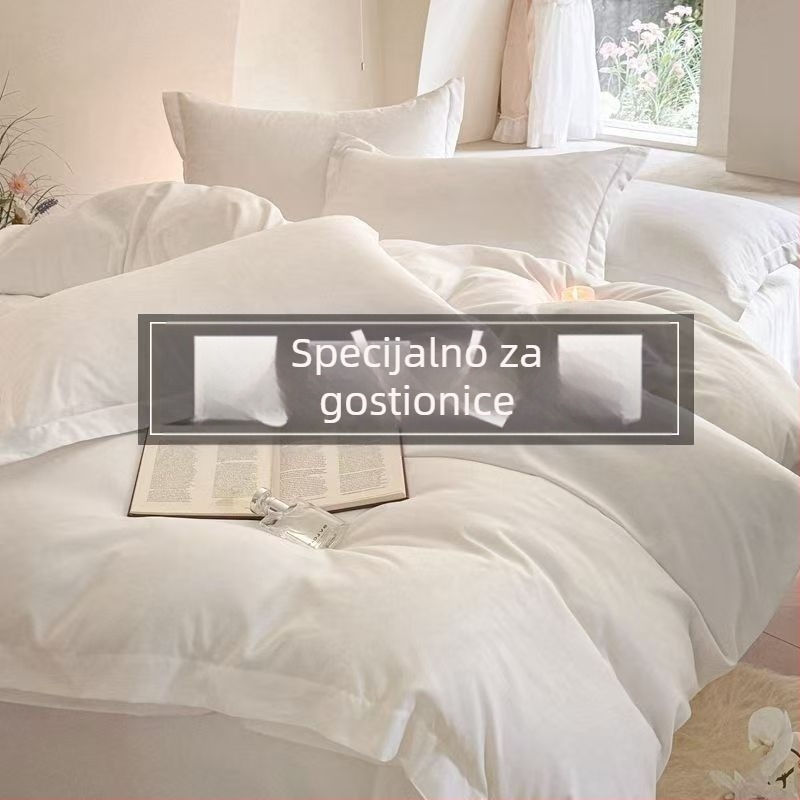 Hotelsko posteljno rublje od 100% pamuka, četvero-dijelni set, čisto bijela, navlaka za pokrivač, plahta i jastučnice, twill tkanina, reaktivno bojanje