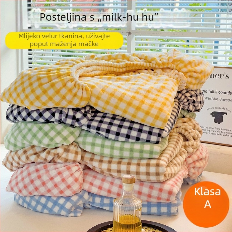 Gumirana plahte za madrac od mliječne velur, topla zima, karirani uzorak, za krevet 1,5 m