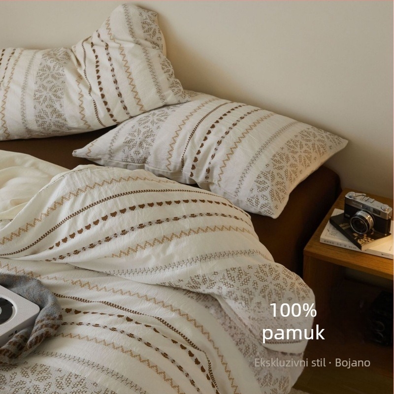 Set posteljine od 100% pamuka, tkan na šarene niti, oprani pamuk, četverodjelni set s navlakom za pokrivač i plahtama, s šarenom izvezom i retro jacquard