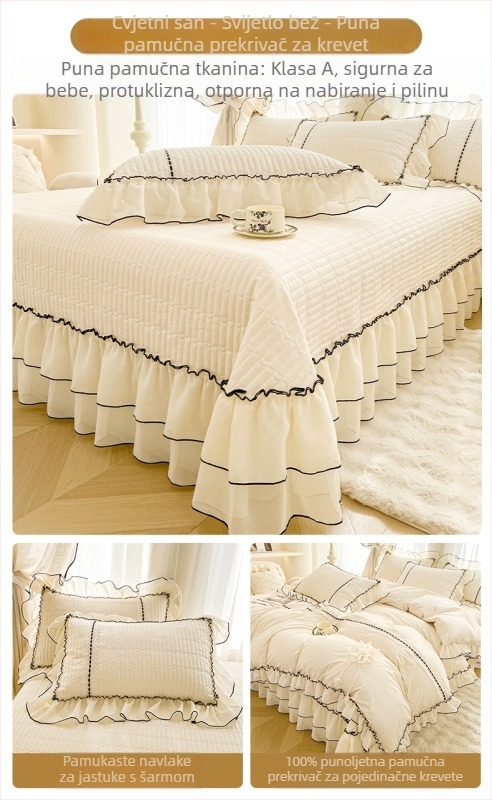 Set pokrivača za krevet od 100% pamuka, kapitonirani dizajn, u stilu korejske princeze, twill tkanina, reactive ispis, 3 komada, za sve četiri sezone