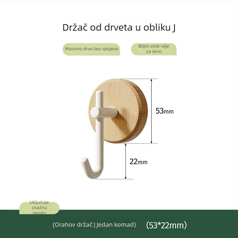 Kuka od masivnog orahovog drveta, bez bušenja, ljepiljna kuka za zid za vješanje odjeće i kapa, nosivost 10–15 kg, jedna kuka, lagani luksuzni stil