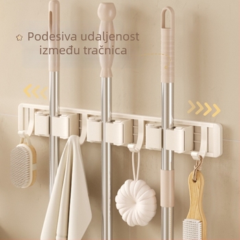 Zidni držač Crown Toon za mop i metlu, materijal: svemirski aluminij i plast, montaža bez bušenja, pohrana drški metle, završna obrada sprejni plast, težina 0,3 kg