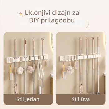 Zidni držač Crown Toon za mop i metlu, materijal: svemirski aluminij i plast, montaža bez bušenja, pohrana drški metle, završna obrada sprejni plast, težina 0,3 kg