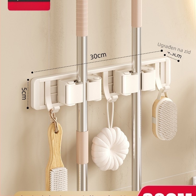 Zidni držač Crown Toon za mop i metlu, materijal: svemirski aluminij i plast, montaža bez bušenja, pohrana drški metle, završna obrada sprejni plast, težina 0,3 kg