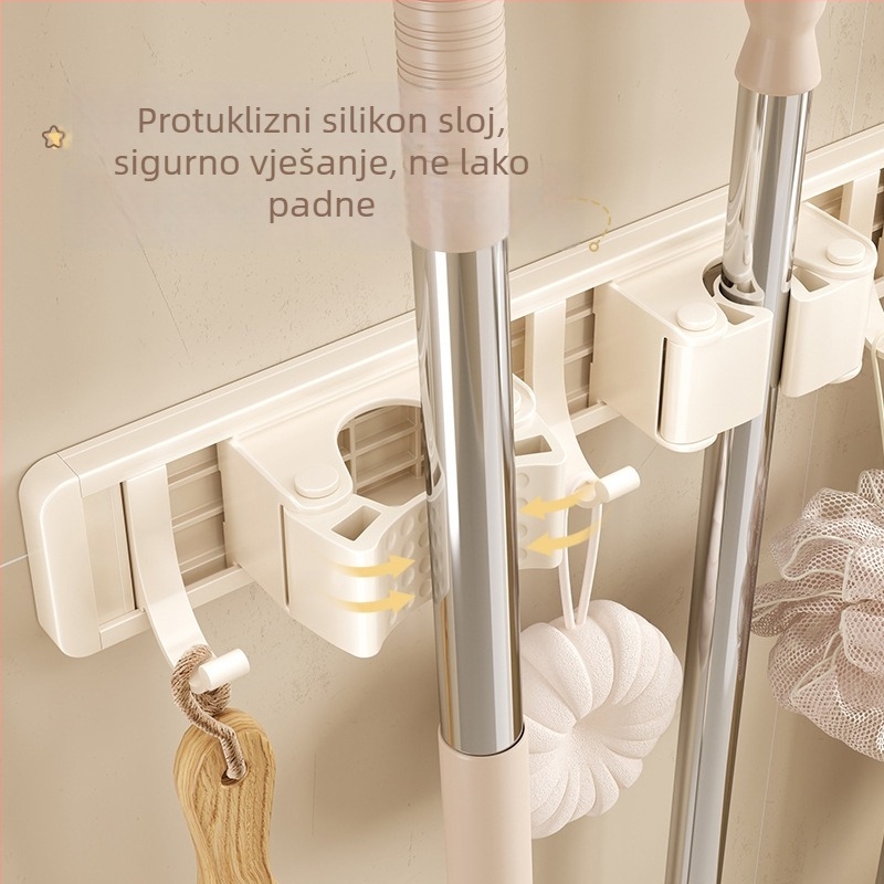 Zidni držač Crown Toon za mop i metlu, materijal: svemirski aluminij i plast, montaža bez bušenja, pohrana drški metle, završna obrada sprejni plast, težina 0,3 kg