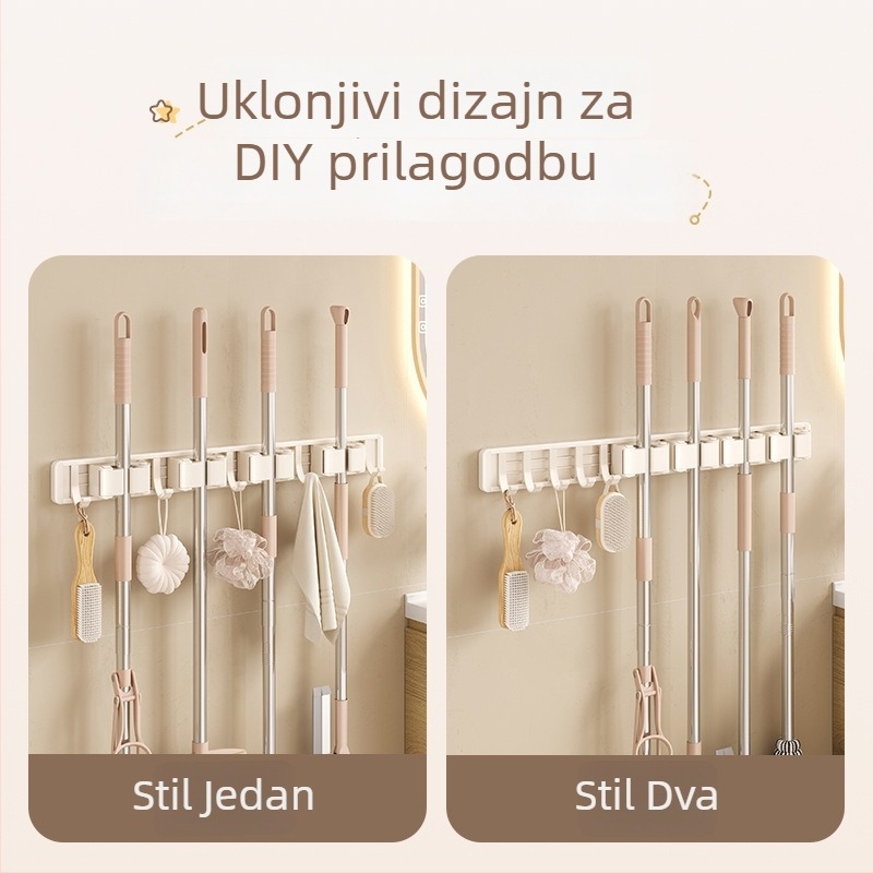 Zidni držač Crown Toon za mop i metlu, materijal: svemirski aluminij i plast, montaža bez bušenja, pohrana drški metle, završna obrada sprejni plast, težina 0,3 kg