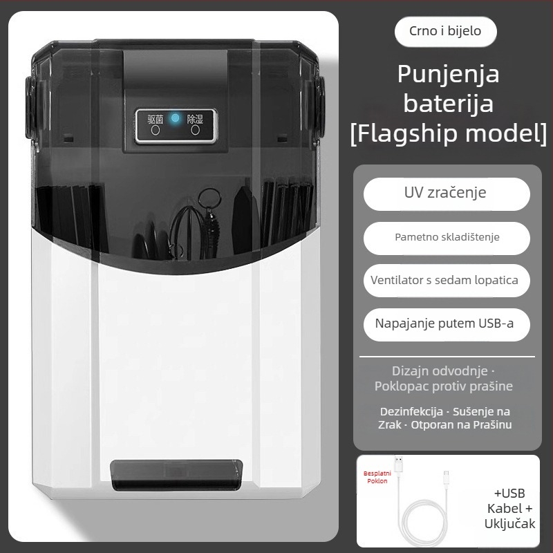 Držač štapića za zidnu montažu s dezinfekcijom i sušenjem – materijal PP; montaža na zid; funkcije: dezinfekcija i sušenje; prašinska zaštita