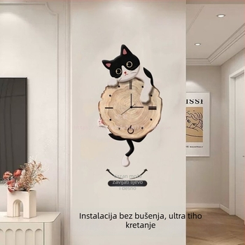 Zidni sat s karikaturnom mačkom, na baterije, mehanizam skočnih sekundi, jednostrani cifernik, drveno kućište, pogodan za dnevni boravak, spavaću sobu i ured.