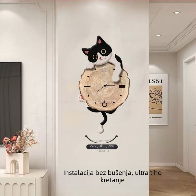 Zidni sat s karikaturnom mačkom, na baterije, mehanizam skočnih sekundi, jednostrani cifernik, drveno kućište, pogodan za dnevni boravak, spavaću sobu i ured.