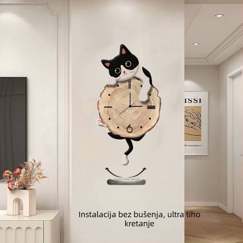 Zidni sat s karikaturnom mačkom, na baterije, mehanizam skočnih sekundi, jednostrani cifernik, drveno kućište, pogodan za dnevni boravak, spavaću sobu i ured.