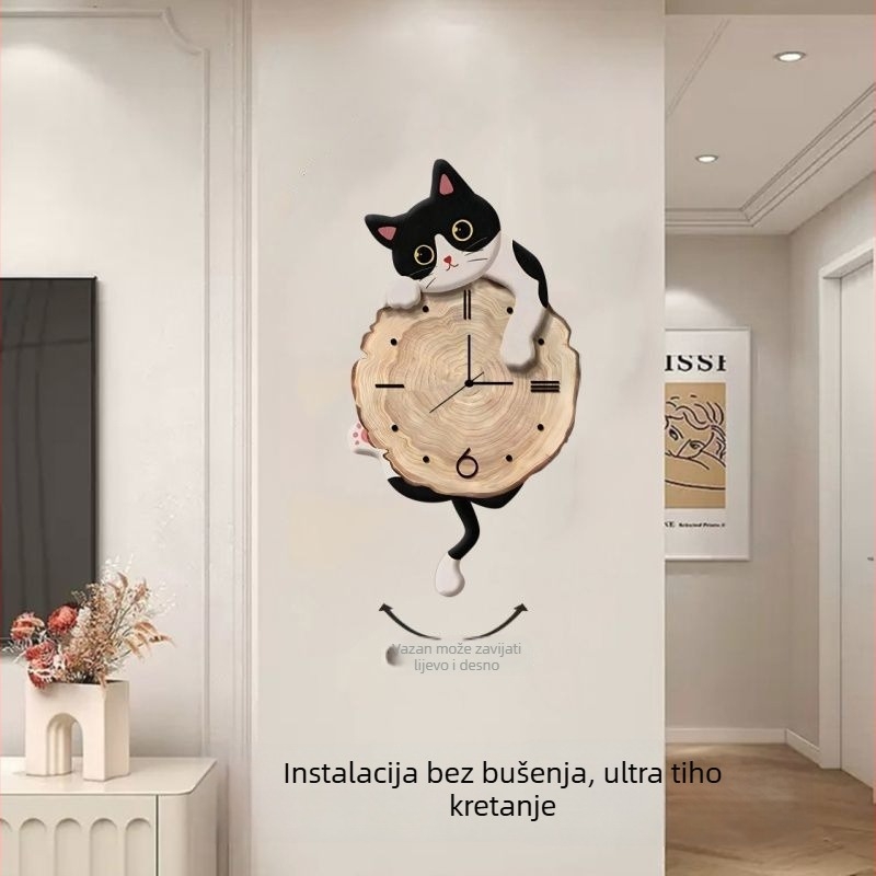 Zidni sat s karikaturnom mačkom, na baterije, mehanizam skočnih sekundi, jednostrani cifernik, drveno kućište, pogodan za dnevni boravak, spavaću sobu i ured.
