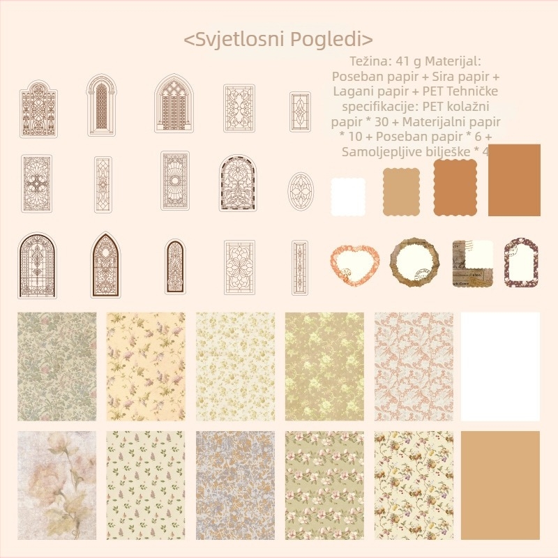 Paket papira za dnevnik s retro bazom i dekorativnim naljepnicama | Brand: Dyeing; Materijal: Papir; Obrt: Tisak; Težina: 42 g/torbica; Kutija: 800 kom.