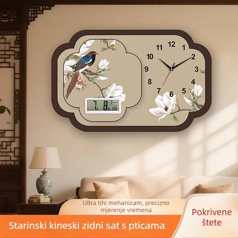 Zidni sat s dekorativnim slikom u kineskom stilu, retro motiv cvijeća i ptica, vječni kalendar, kvarcni sat za dnevni boravak