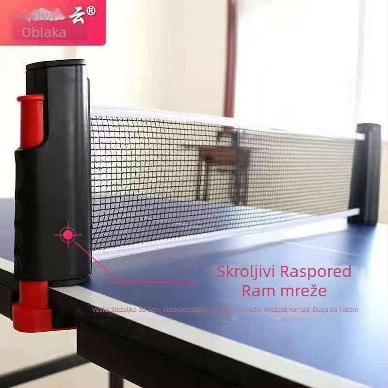 Prijenosna mreža za stolni tenis s nosačem, za unutarnju upotrebu; materijal: najlon i poliester-pamučna tkanina; težina 0,85 kg; brend Double Cloud; pogodna za badminton i tenis
