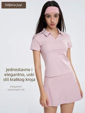 Ženski sportski set: polo majica s kratkim rukavima i tenis suknja za jogu – brzo sušenje, odvlačenje vlage, najlon + spandex, 80/20, pulover stil