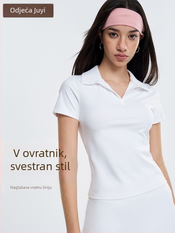 Ženski sportski set: polo majica s kratkim rukavima i tenis suknja za jogu – brzo sušenje, odvlačenje vlage, najlon + spandex, 80/20, pulover stil