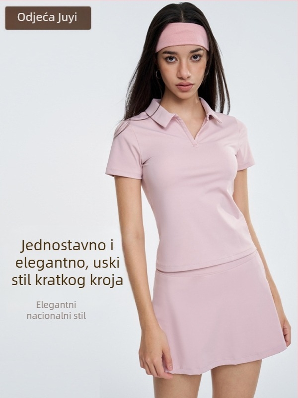 Ženski sportski set: polo majica s kratkim rukavima i tenis suknja za jogu – brzo sušenje, odvlačenje vlage, najlon + spandex, 80/20, pulover stil